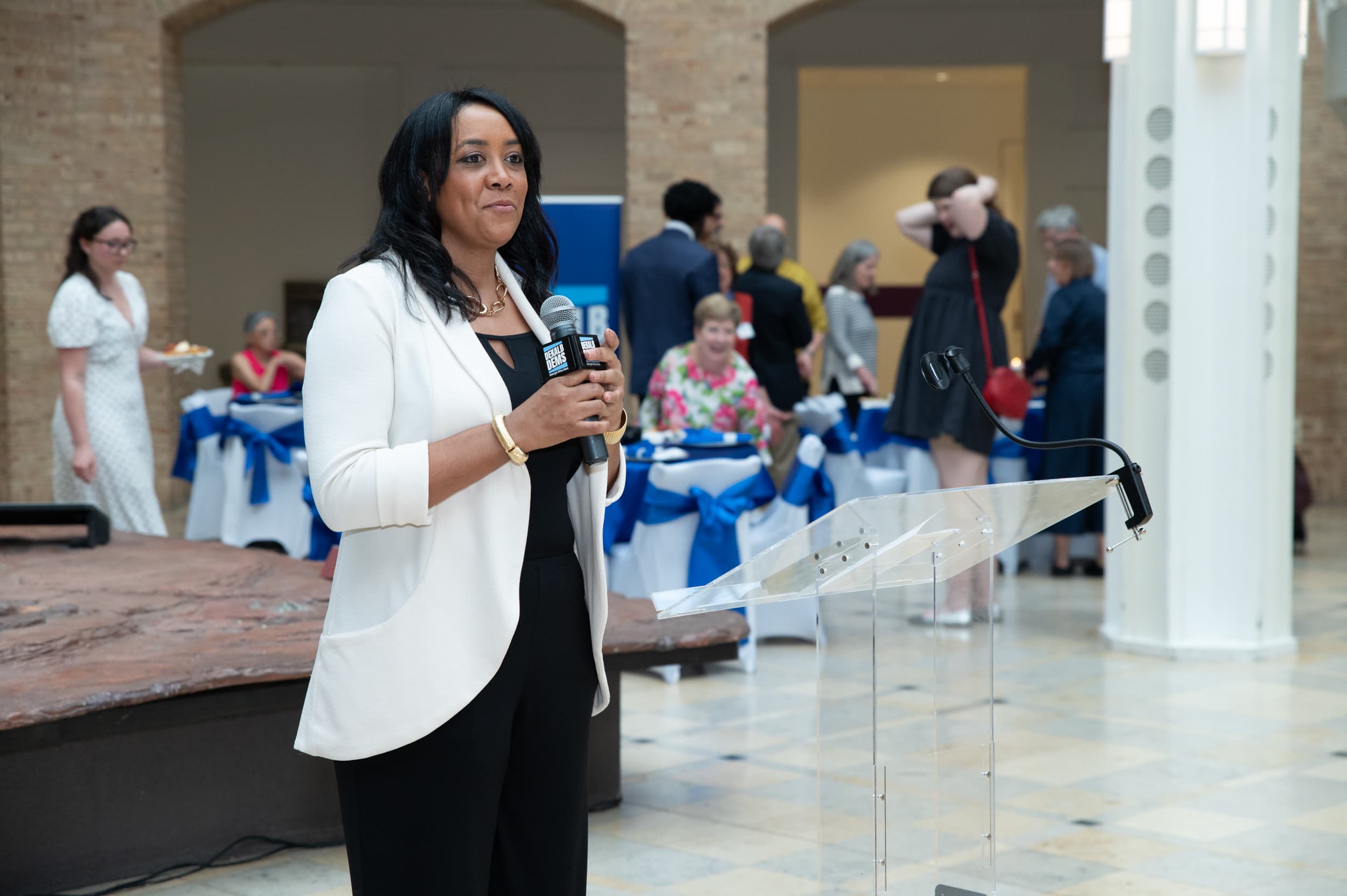 Speaker addressing guests at Blue Ballot Reception in elegant venue