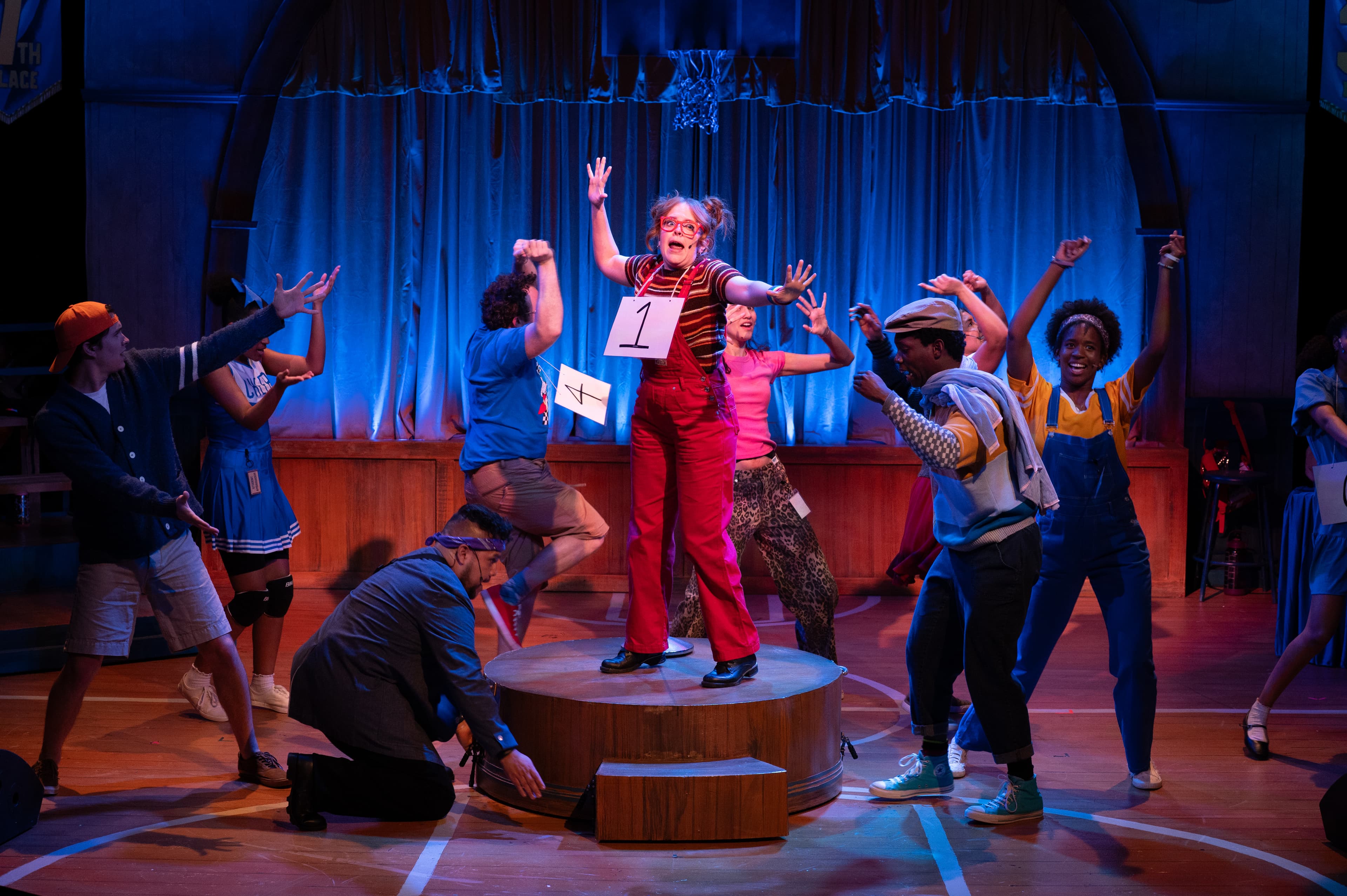 Cast performing ensemble number in The 25th Annual Putnam County Spelling Bee theater production