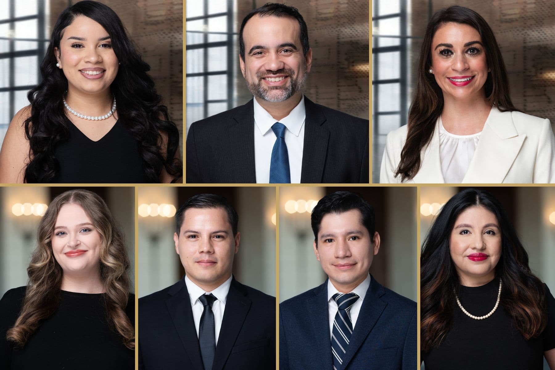 Professional team portrait composite showcasing seven diverse corporate professionals with varied backgrounds and consistent studio lighting